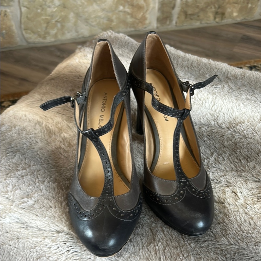 Antonio Melani Black Leather Mary Jane Heels